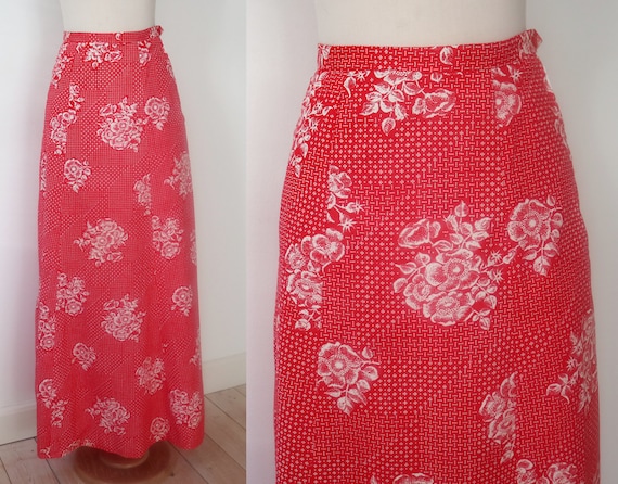 VINTAGE 60s 70s WHITE BLACK RED CHECKED FLORAL BELTED MOD BOHO MAXI SKIRT 8 10