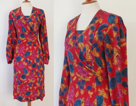 Color Splash Printed 80s Vintage Dress With Drape… - image 2
