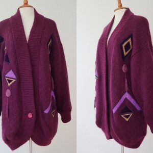 Heather Colored 80s Mohair Vtg. Cardigan With Fabric Applications In Mustard/Purple // Black Beads // Chicara // Lined // Size 40/42