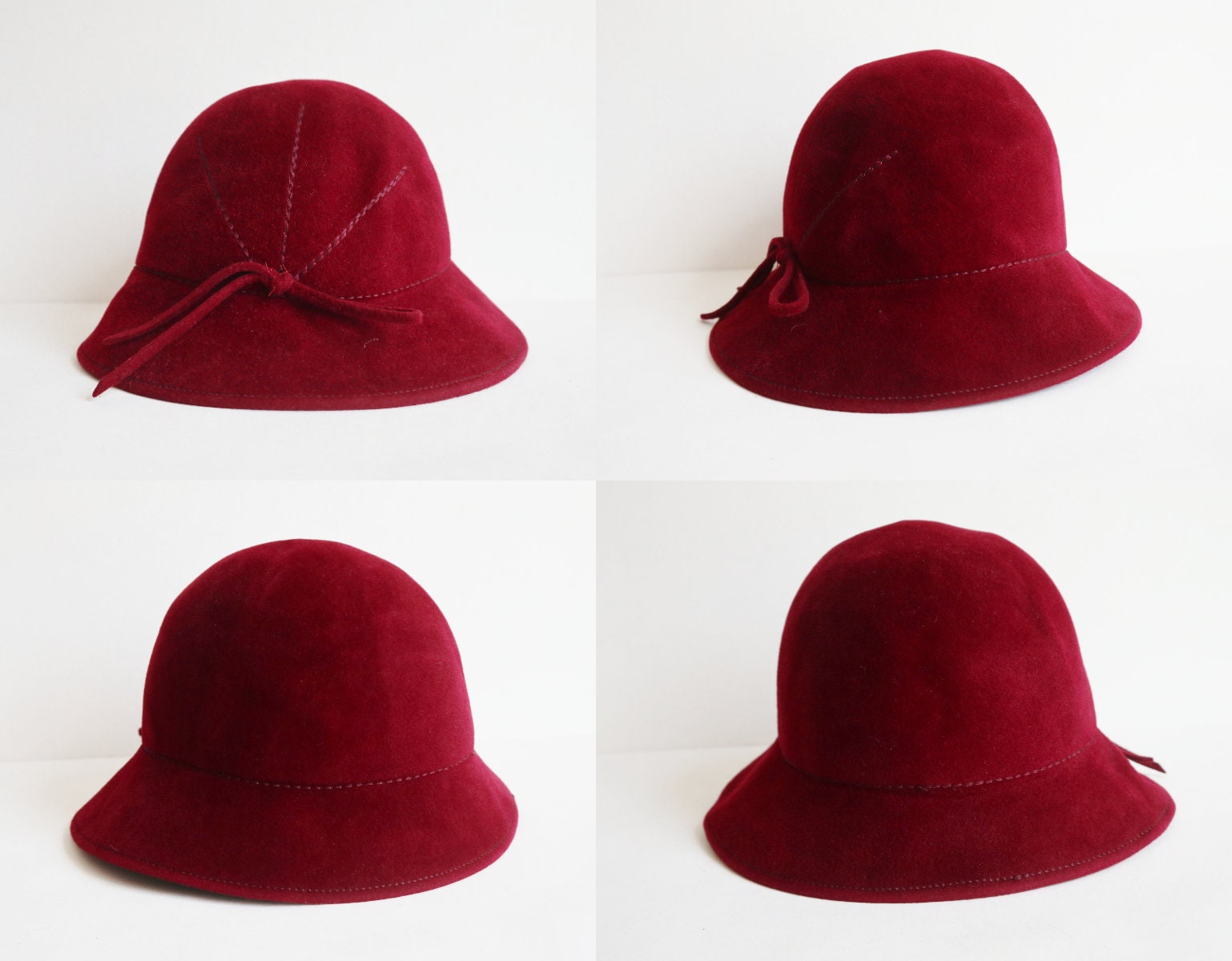 Burgundy Vintage Lady Felt Hat With Bow and Stitching 