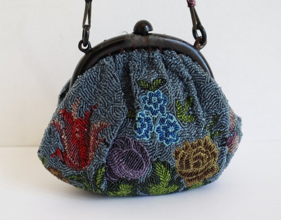 Blue 20s Beaded Vintage Purse With Lovely Flower … - image 1