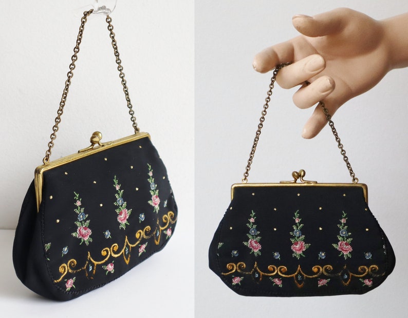 Beautiful 50s Hand Embroidered Petit Point Top Handle Bag With Roses // Golden Closery zdjęcie 2