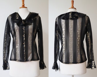 Black Gold 70s Sheer Vtg. Frill Blouse With Stripes // Ruffle Collar/Cuffs // BD // Size 42