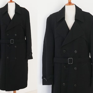 Cool Black Quality Mens Vtg. Wool Trench Coat // Check Black/White Lined // Belted // Size 54