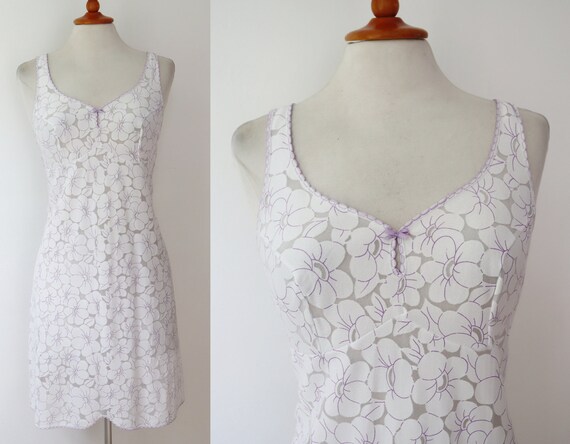 White 60s Semi Sheer Slip Dress With Purple/White… - image 2