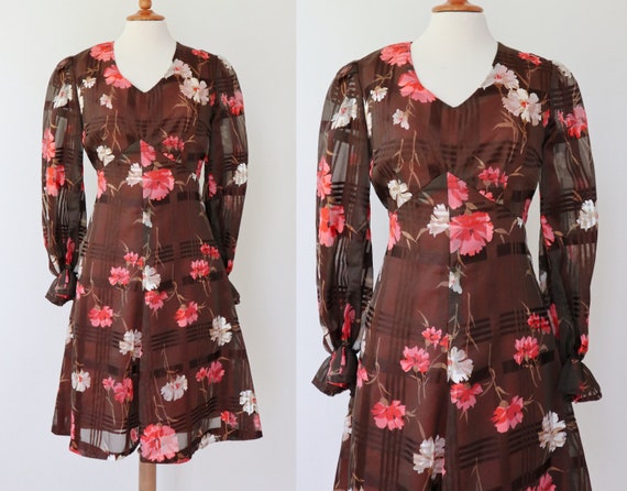 Lovely 60s Chiffon Vtg. Dress // Brown With White… - image 2