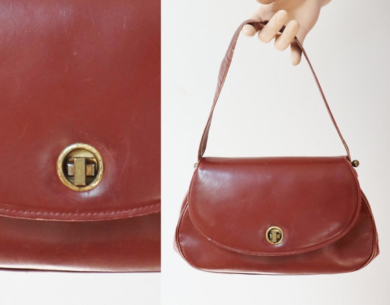 50s Vintage Top Handle Leather Bag // Brown