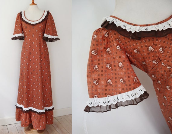 Brown 70s Vtg. Maxi Dress With White Floral Print… - image 3