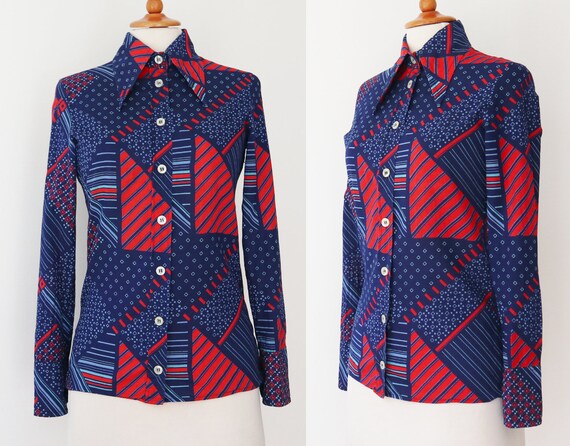 Blue 70s Fitted Vtg. Ladies Shirt // Printed Shir… - image 2