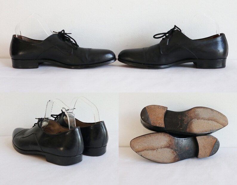 May include: Black leather dress shoes with laces. The shoes have a classic design with a low heel. The image shows the shoes from multiple angles, including the soles.