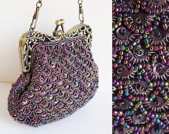 Purple 80s90s Vtg. Bag // Party Bag With Beads & Sequins // Vegan Bag // Silver Closure