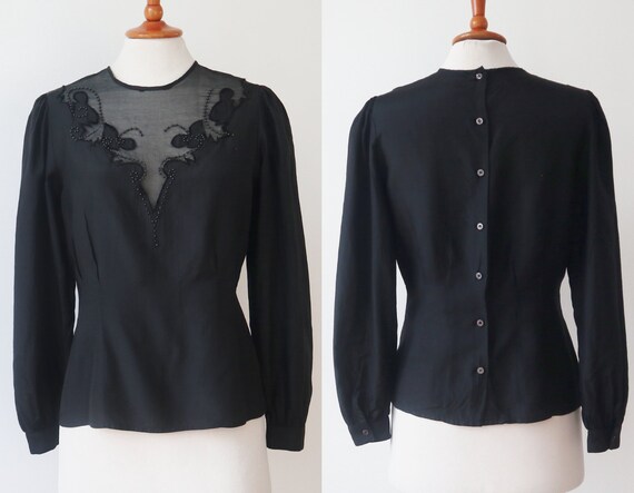 Black 80s Vtg. Silk Blouse // Sheer Neckline With Beads // Nancy 