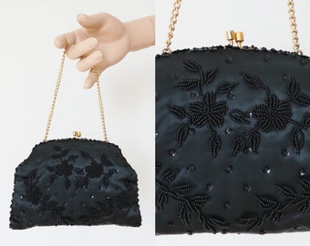 Black 50s Vtg. Top Handle Bag // Party Bag With Beads & Sequins // Vegan Bag // Golden Closure