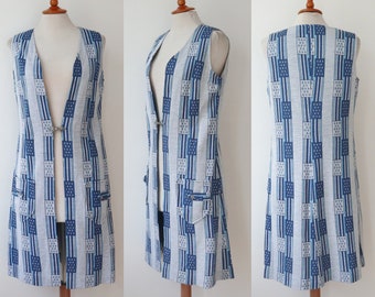 Chaleco vintage azul grisáceo de los años 70 // Pitava // Rayas y lunares // Estampado gráfico // Talla 36 // Hecho en Dinamarca