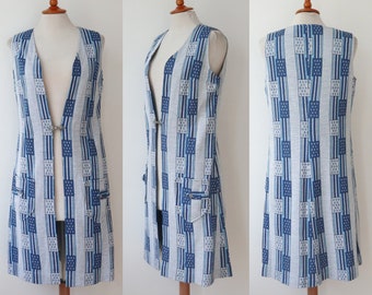 Blue Gray 70s Vintage Waistcoat // Pitava //  Stripes And Dots // Graphic Print // Size 36 // Made In Denmark