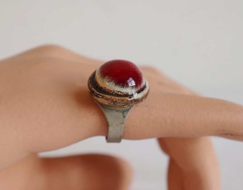Raw 70s Pewter Vintage Ring With RedWhite Stone Adjustable Fits All