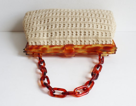 Stunning Ivory 60s Knotted Bag With Cognac Brown … - image 5