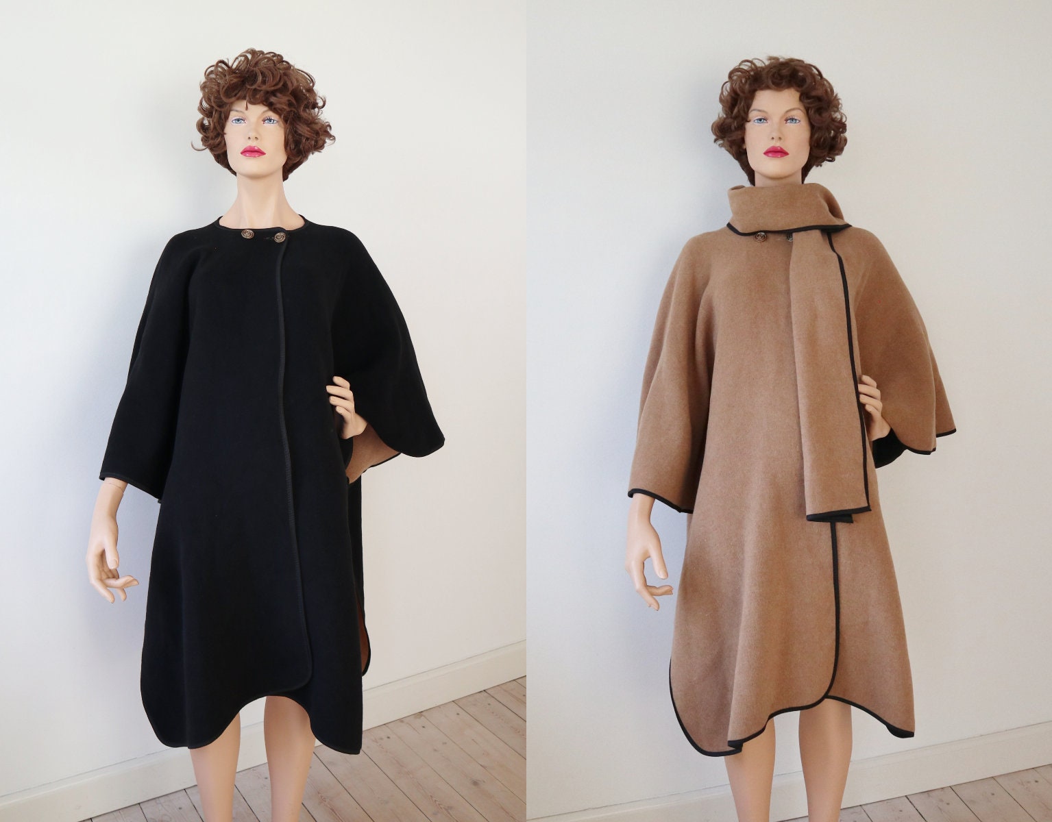 Reversible 90s Wool Blend Cape in Beige/black With Attached Reversible 90s Wool Blend Cape in Beige/black With Attached