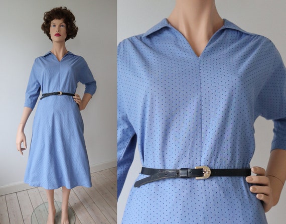 Lovely Light Blue 60s Vintage Dress // Cotton Wit… - image 1