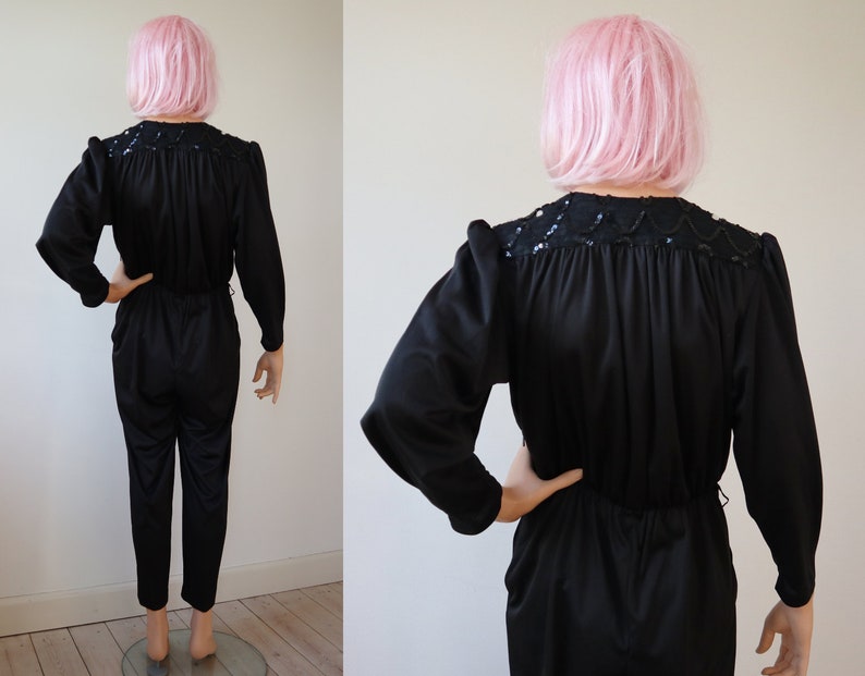 Black 80s Vtg. Jumpsuit With Lace & Sequins on Shoulder // Etsy