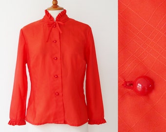 Orange 70s80s Lady High Neck Shirt // Ruffels & Tie Band // Frill Blouse With Squares/Flowers // Size M