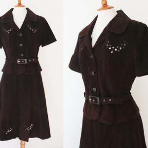 70s Vtg. 2 Piece Suede Set // Suede Leather Ltd. // Skirt & Top With Cut Out Pattern // Belted // Size UK16 - EU42 - US14 // Made In England