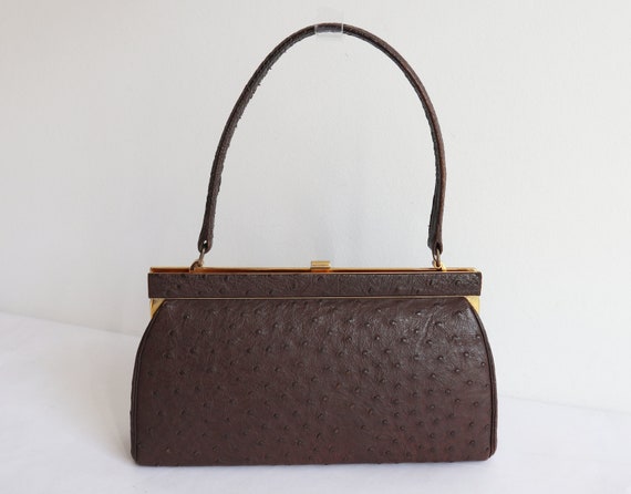 Brown 60s Vtg. Ostrich Top Handle/Shoulder Bag Wit