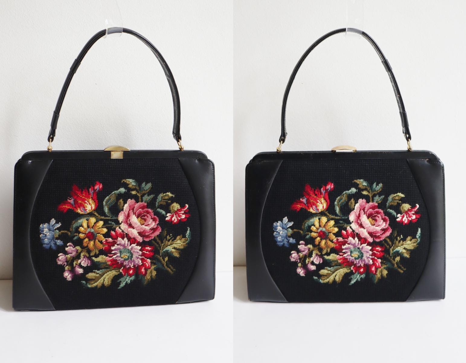 50年代の美しいプチポワン刺繍入りヴィンテージのブラックトップ