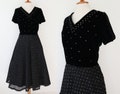 Black 40s Vintage Dress With Silver Lace Taffeta Skirt And Velvet Top With Rhinestones