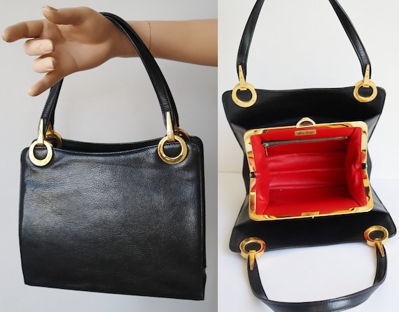 Black Vtg. Top Handle Bag With Golden Closure // … - image 2