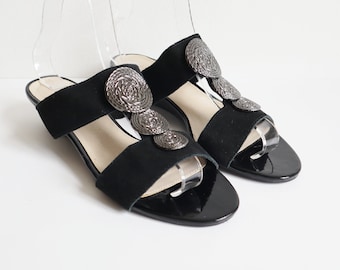 Cuñas vintage de charol negro/ante de los años 80 // Talla 38