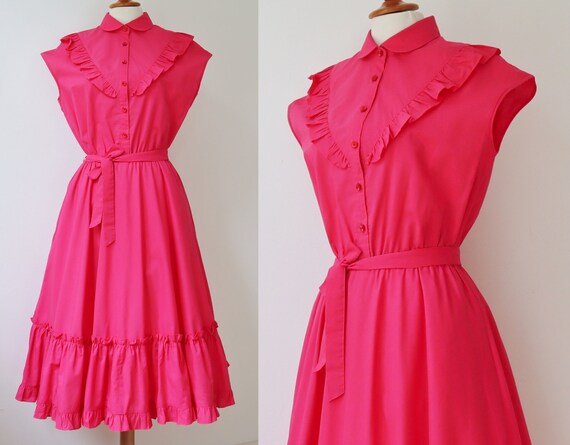 Pink 80s Dress // Peter Pan Collar/Ruffles // Belt
