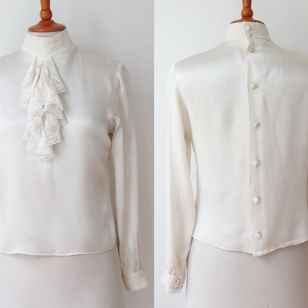 Ivory Lady Shirt With High Neck Lace Ruffle Jabot Collar // Satin Top // Size S/M