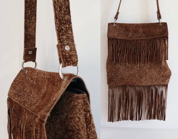 70s Vintage suede Bag // Brown With Fringes // Sh… - image 5