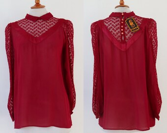 Burgundy DEADSTOCK Vtg. Blouse // Lace Top/Sleeves // Carro // Size M // Made In Italy