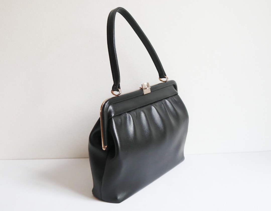 Black 60s Vtg. Top Handle Bag With Golden Closure // Vegan Bag - Etsy