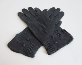 60s Dark Blue Leather Gloves With Stitching // Size 6