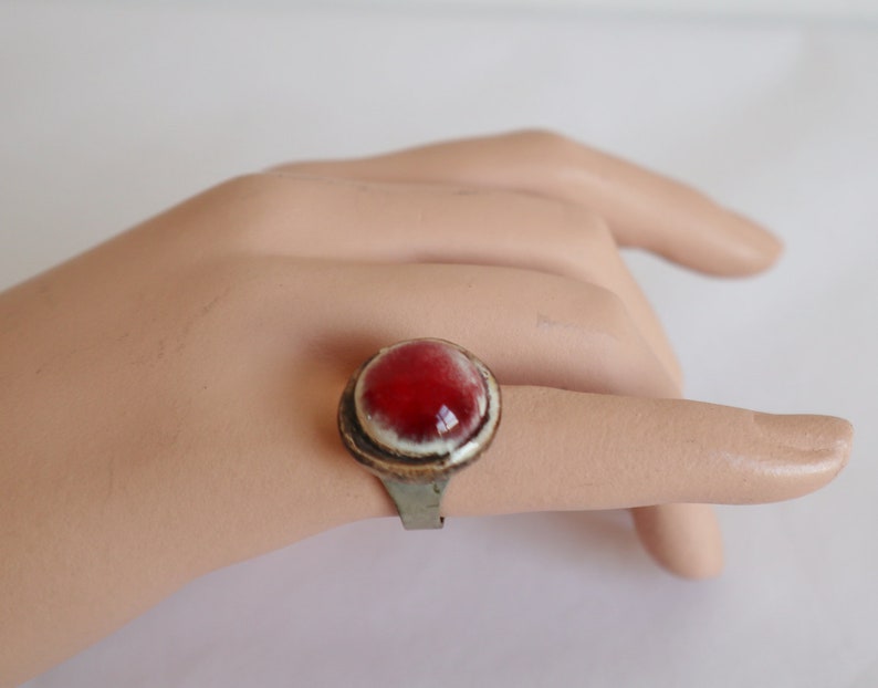 Raw 70s Pewter Vintage Ring With RedWhite Stone Adjustable Fits All
