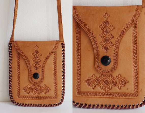 70s Tooled Tan Leather Bag/Wallet