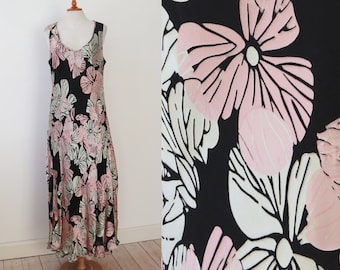 Beautiful Black Maxi Dress With Pink/Silver Gray Floral Print // Viscose & Silk // Size EU 42 - UK 16 - CAN 14 // Made In England