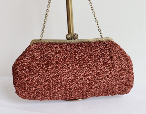 Brown Crocheted 60s Bag // Golden Closure // Vegan