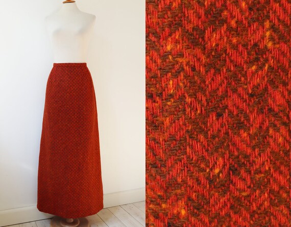 Orange Brown Tweed High Waisted Vtg. Maxi Skirt //