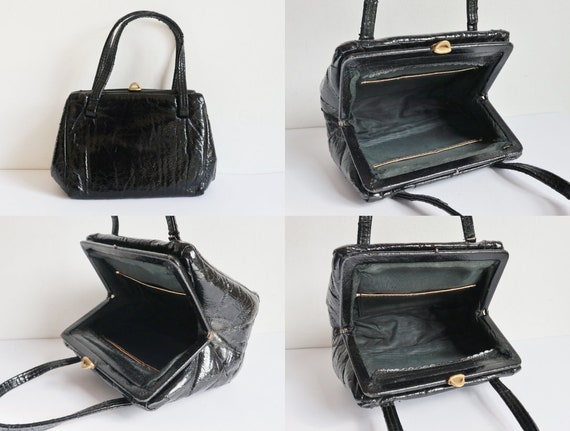 Black 60s Vintage Top Handle Vinyl Bag  // Golden… - image 3