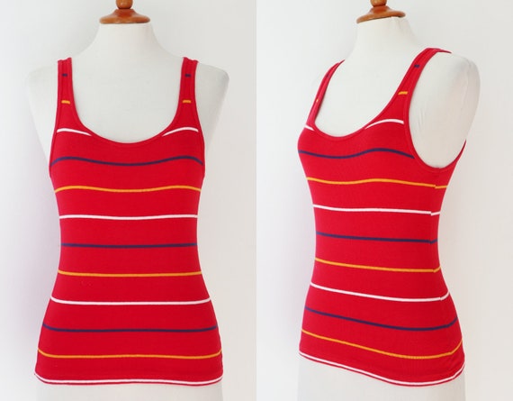 Red Fitted 70s Tanktop With Blue Yellow White Stri