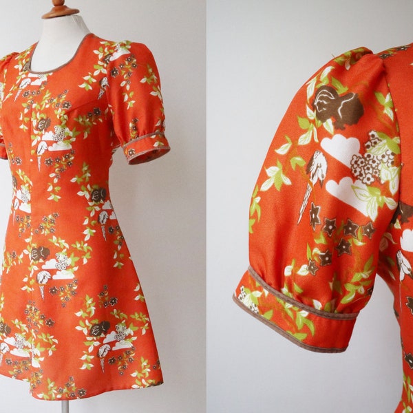 Orange 60s Vtg. Mini Dress With Lime Green Brown White Bird/Floral Print // Puff Sleeved Dress // Racell Scandinavian Look // Size M