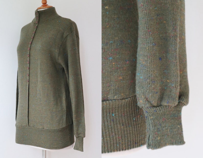 Olive Green 80s Knitted Vintage Wool Blouse With Buttons On Top Paco Galwari Turtleneck Size 4042