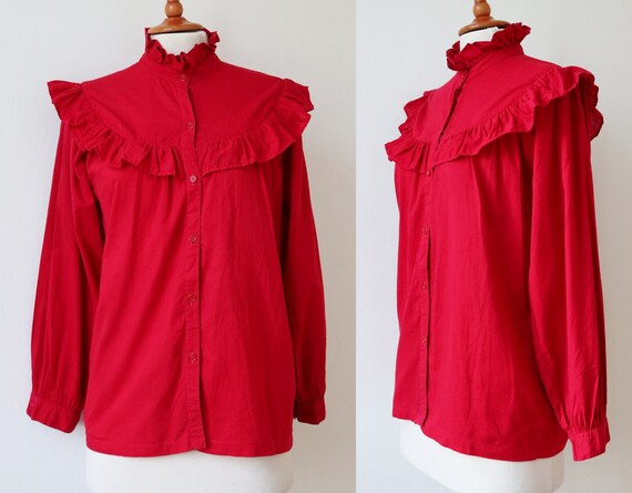 Red 80s Vtg. Blouse // High Neck With 