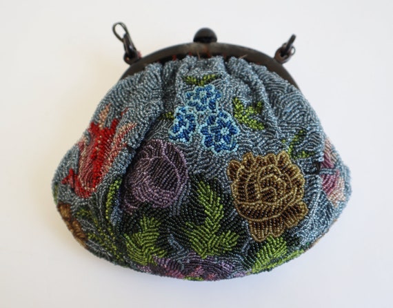 Blue 20s Beaded Vintage Purse With Lovely Flower … - image 2