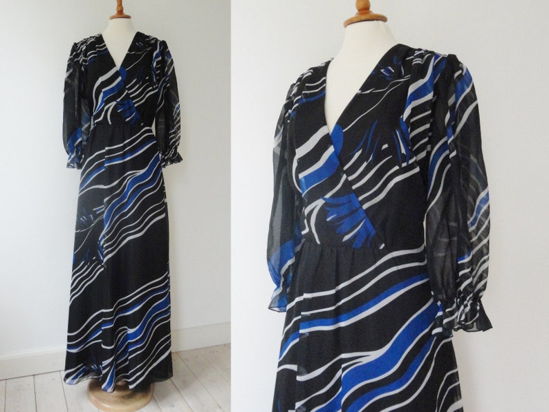 Black 70s Sheer Maxi Vintage Dress Graphic Print In Blue /& White Toft Made In Denmark