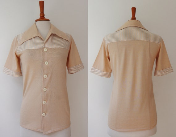 Fitted Beige 70s Vtg. Lady Top With White Stripes… - image 2